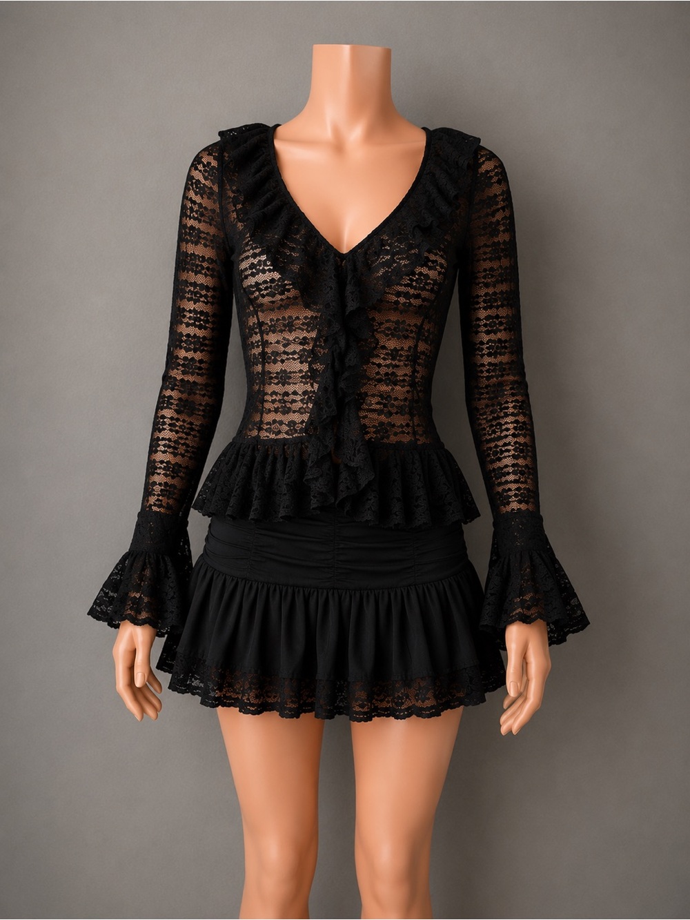 Black Lace Ruffle V-Neck Top GLJ Good Luck Gem Black Sheer Top – Size Small